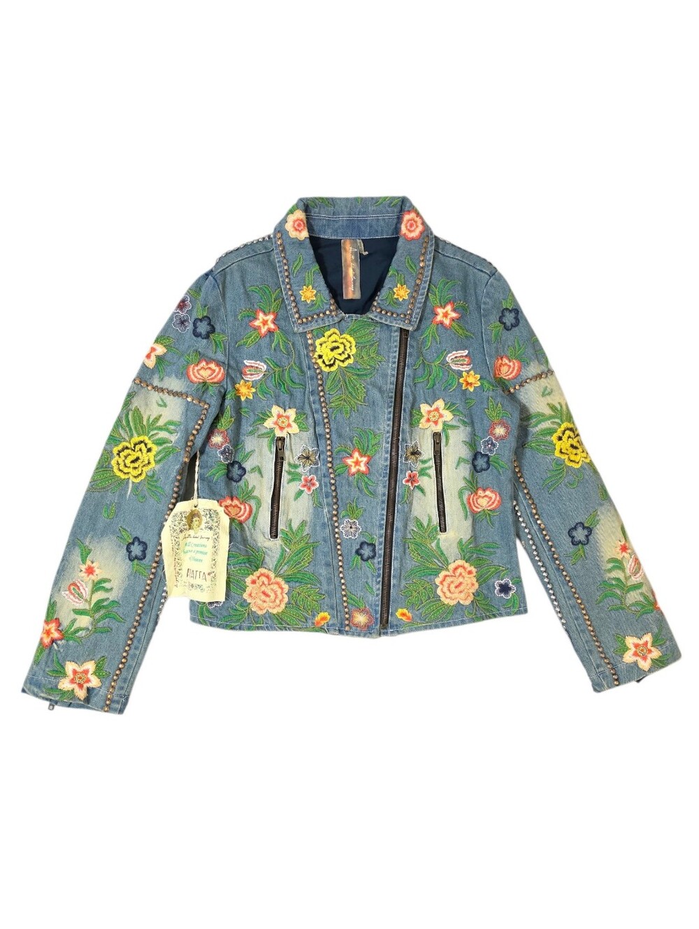 Aratta Lucinda Floral Embroidered Denim Motorcycle Jacket Women's Medium NWT